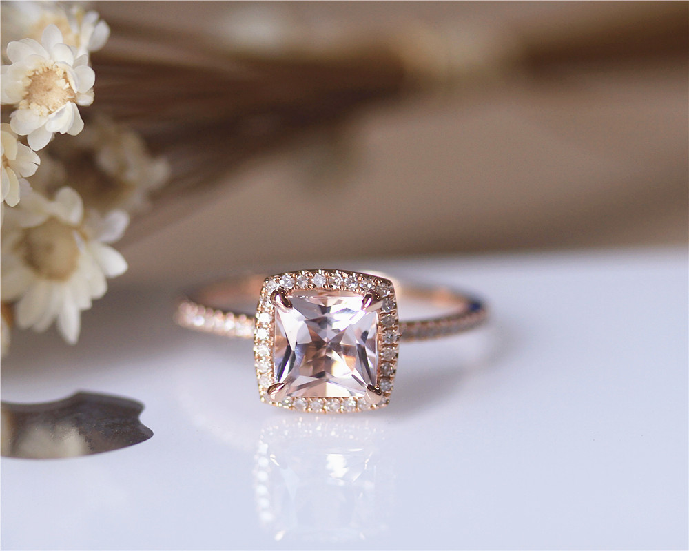 6.5mm Princess Cut Morganite Engagement Ring Solid 14K Rose gold ...