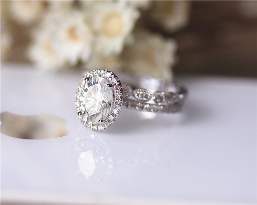 2 1ct Charles Colvard 7x9mm Oval Moissanite Ring Set Wedding Oval Moissanite Ring Set Wedding Solid 14k White Gold Image 1