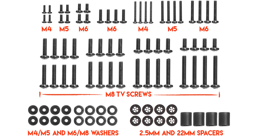 Our hardware kit contains all the screws needed to mount any TV no matter the brand of screen or mount