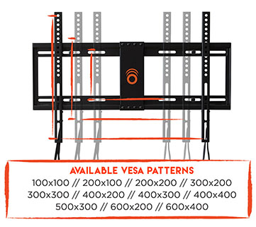 flexible designed vesa pattern makes this wall mounted TV bracket almost universal for tvs including Sony, Samsung, Vizio, and Panasonic