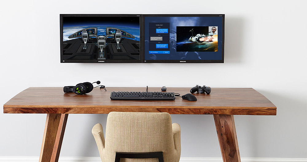 Mount computer monitors or smaller flatscreen tvs to create a gaming or home office setup. Alternatively mount in a kitchen or corner.