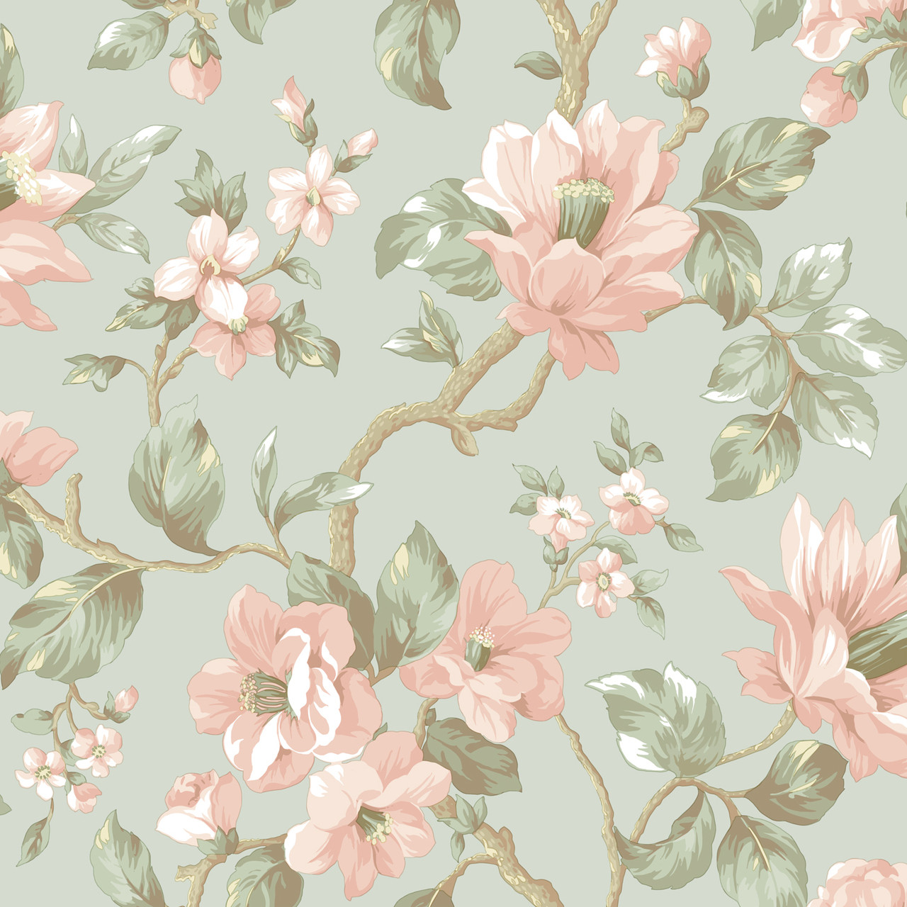 Big Flower Pattern Wallpaper Berkin Large Floral Vine Pistachio-Coral Wallpaper AL13724