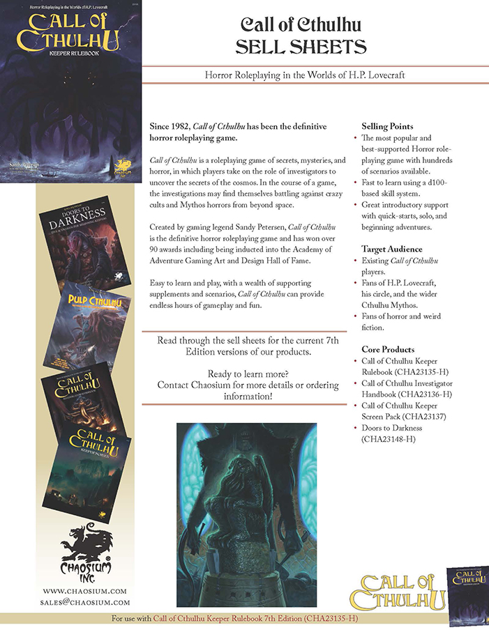 Call of Cthulhu - Sell Sheets Call of Cthulhu - Sell Sheets