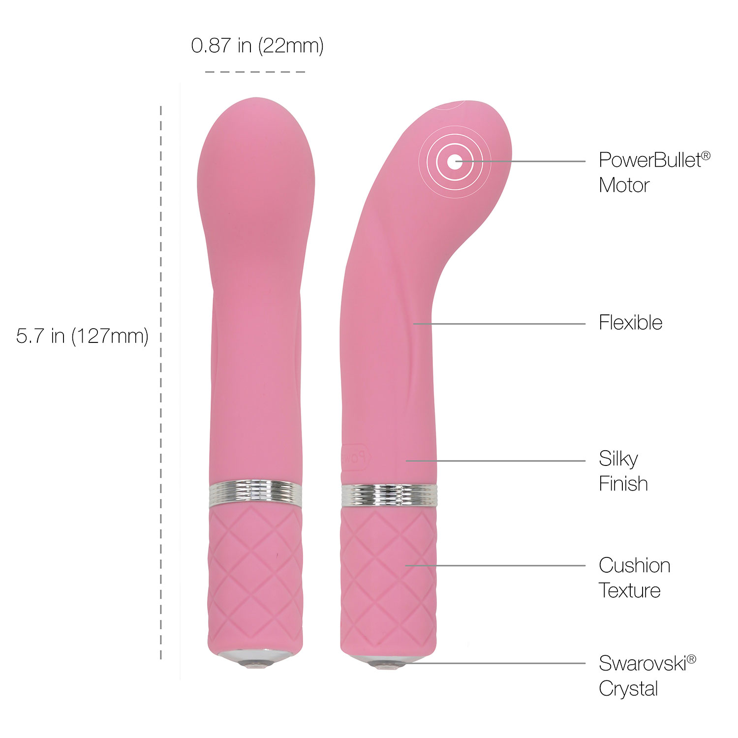 Pillow Talk Racy Silicone Waterproof Rechargeable G-Spot Vibrator - Measurements