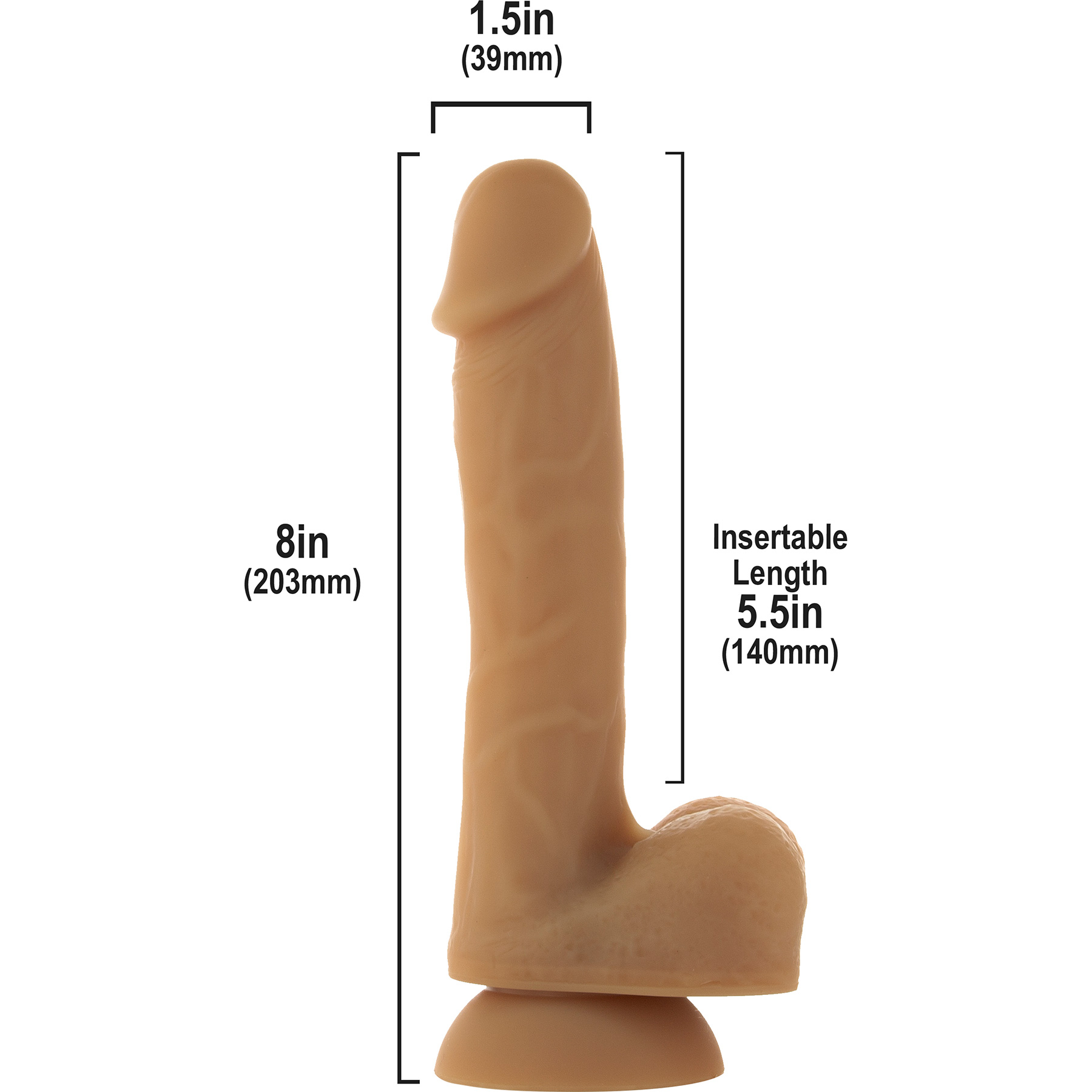 AAddiction - Andrew 8 Inch Bendable Silicone Suction Cup Dildo With Balls - Measurements