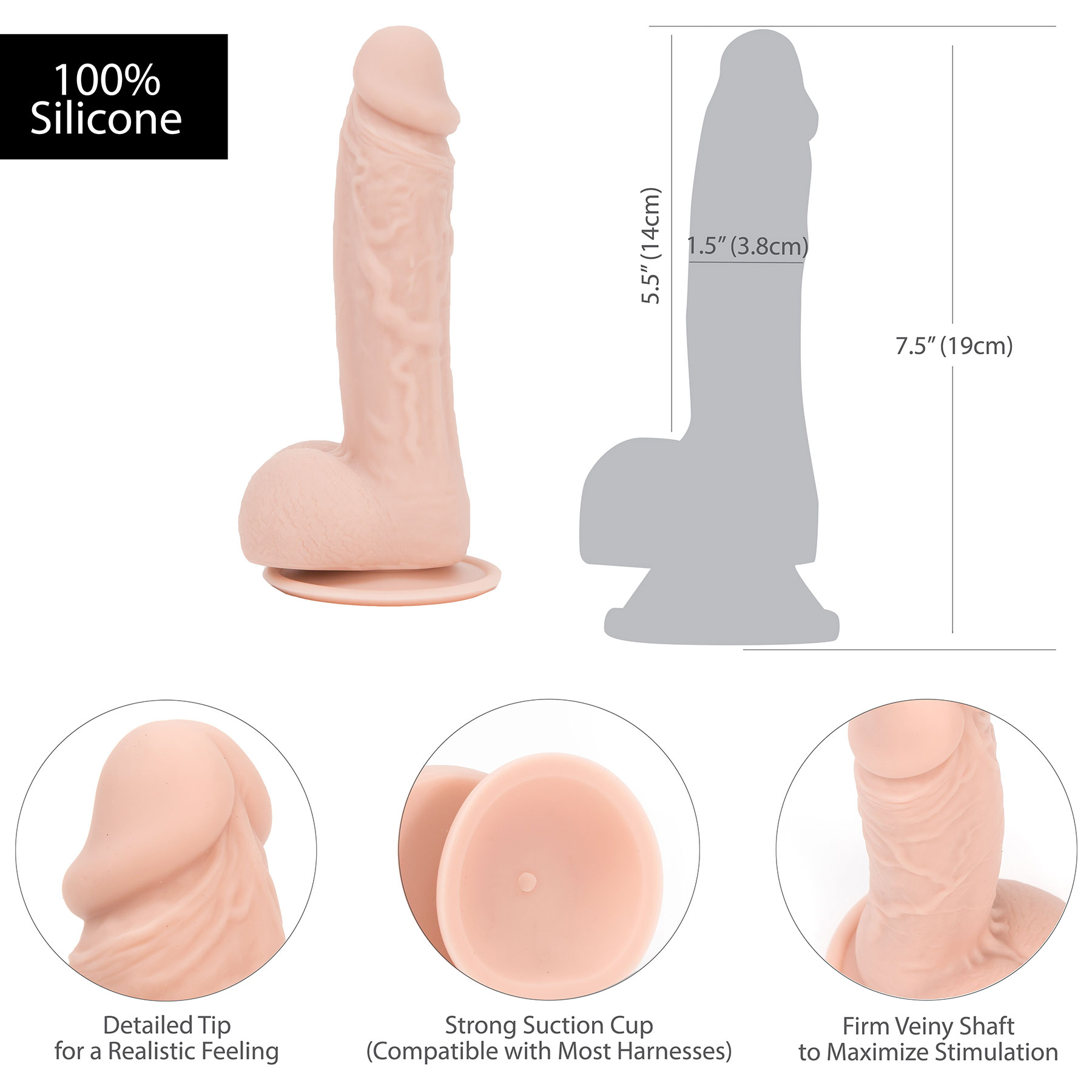 Addiction - Mark 7.5 Inch Silicone Suction Cup Dildo With Balls - Measurements