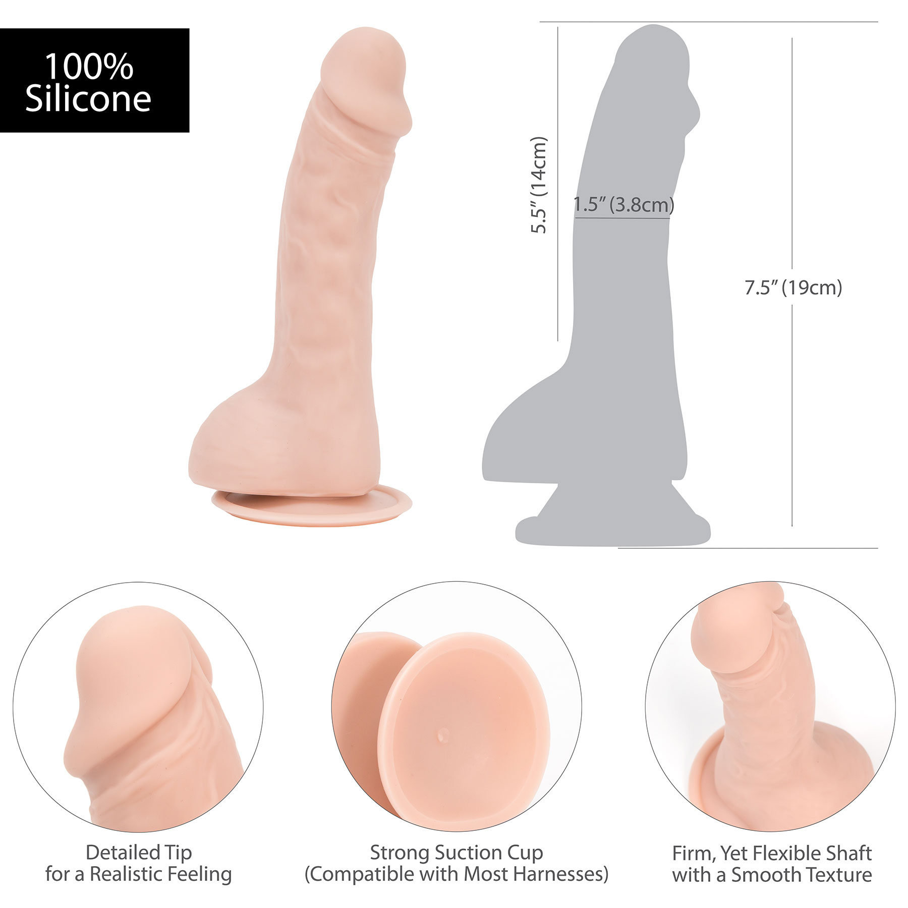 Brad 7.5 Inch Silicone Suction Cup Dildo With Balls - Measurements