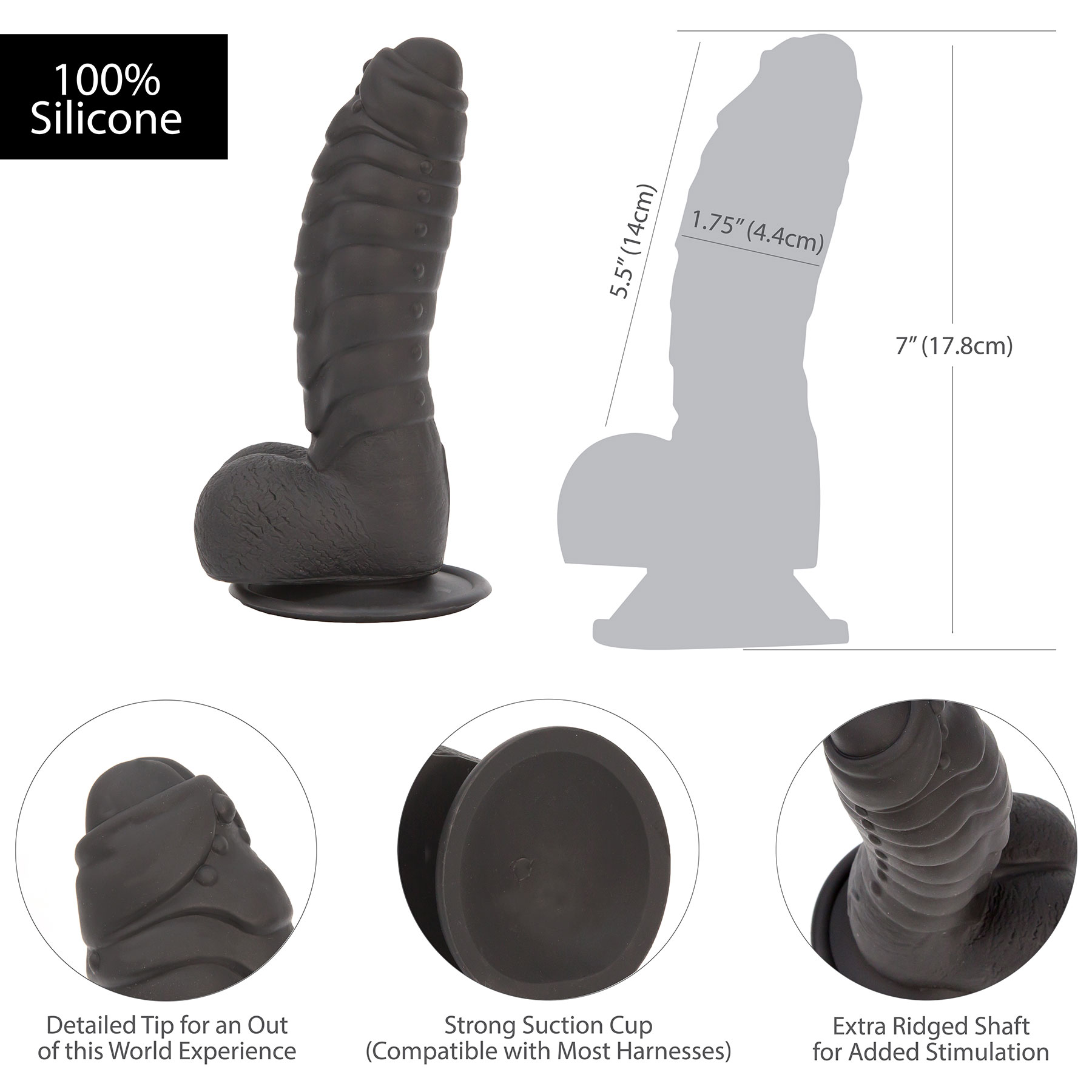 Addiction - BEN 7 Inch Textured Silicone Suction Cup Dildo With Balls - Measurements