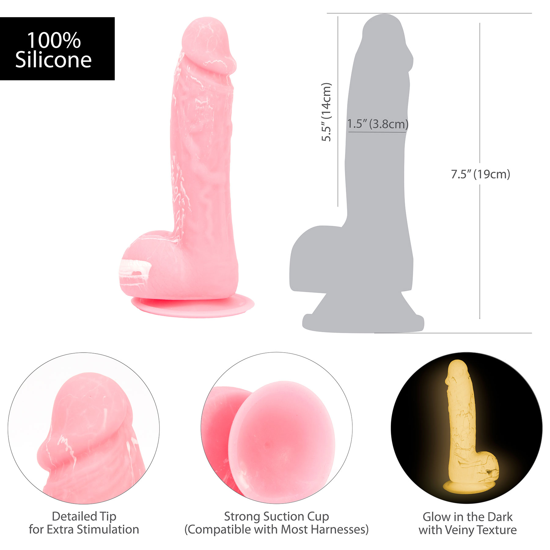 Addiction - Brandon 7.5 Inch Glow In The Dark Silicone Suction Cup Dildo With Balls - Measurements