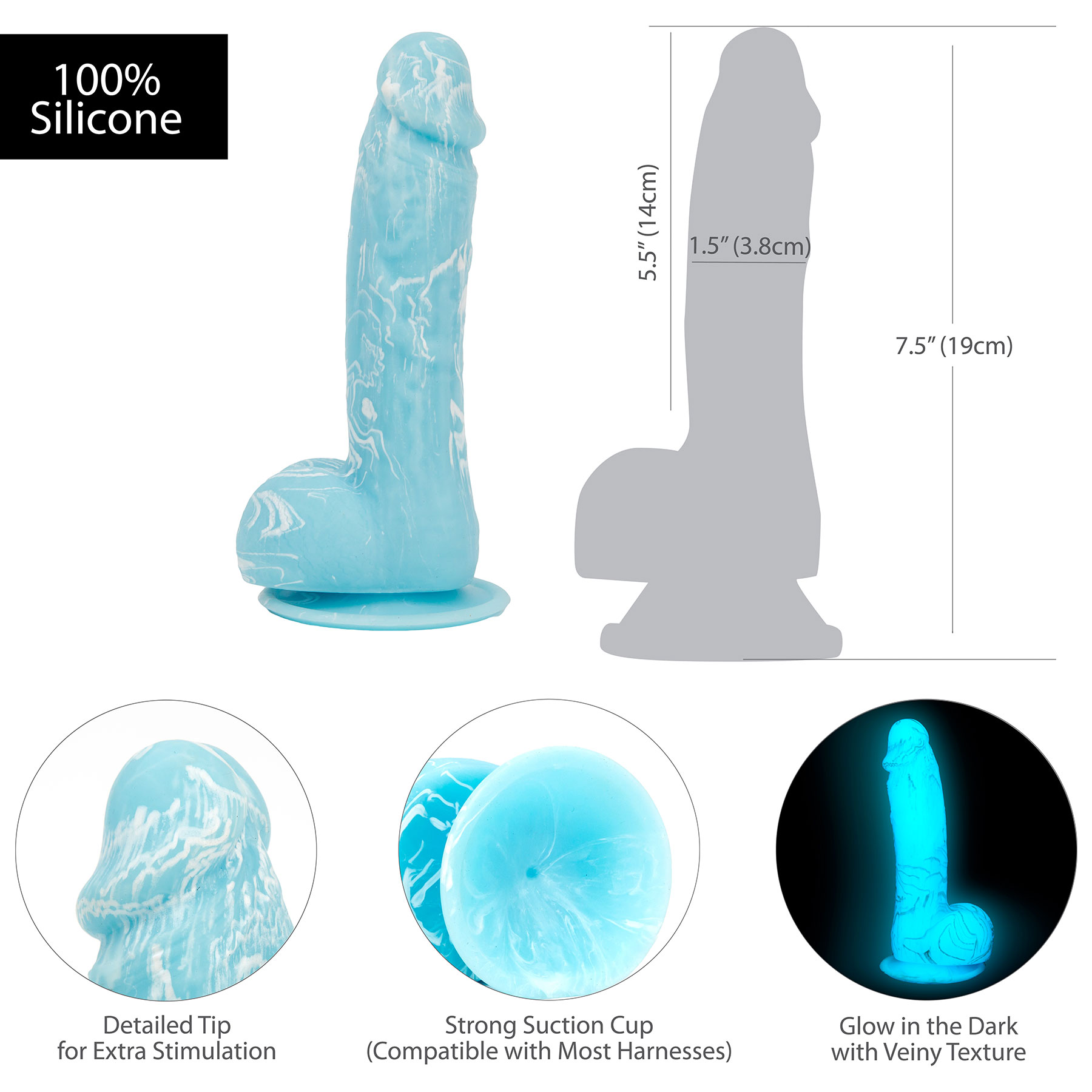 Addiction - Brandon 7.5 Inch Glow In The Dark Silicone Suction Cup Dildo With Balls - Measurements