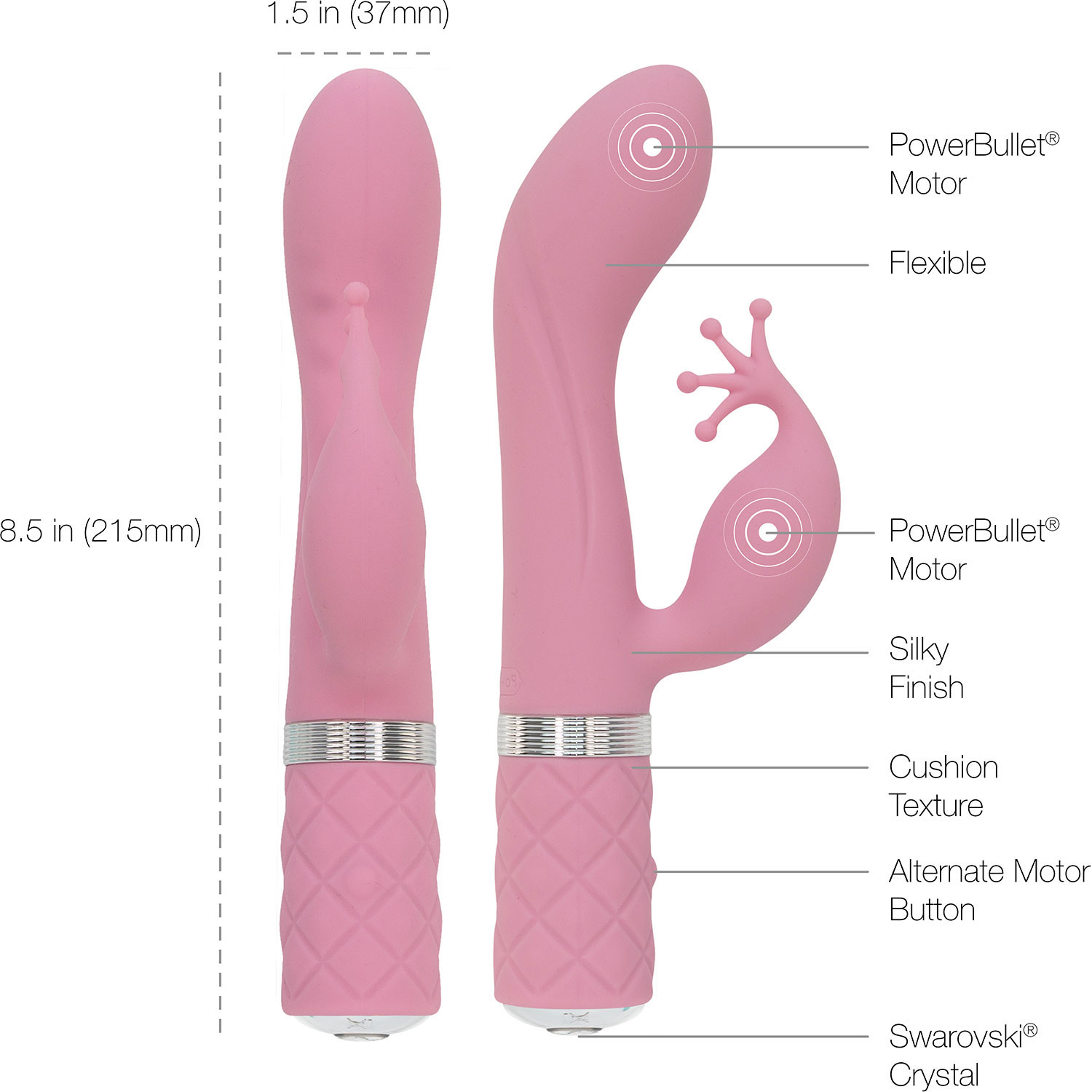 Pillow Talk Kinky Silicone Waterproof Rechargeable Dual Stimulation Vibrator - Measurements