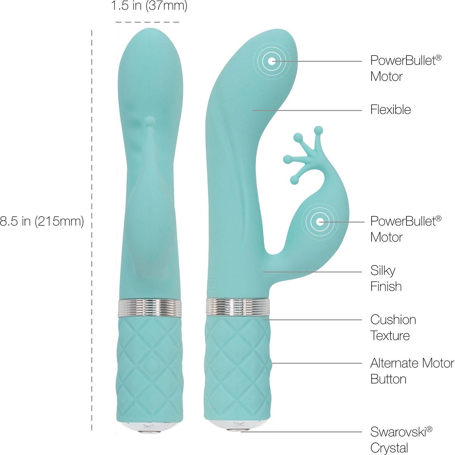 Pillow Talk Kinky Silicone Waterproof Rechargeable Dual Stimulation Vibrator - Measurements