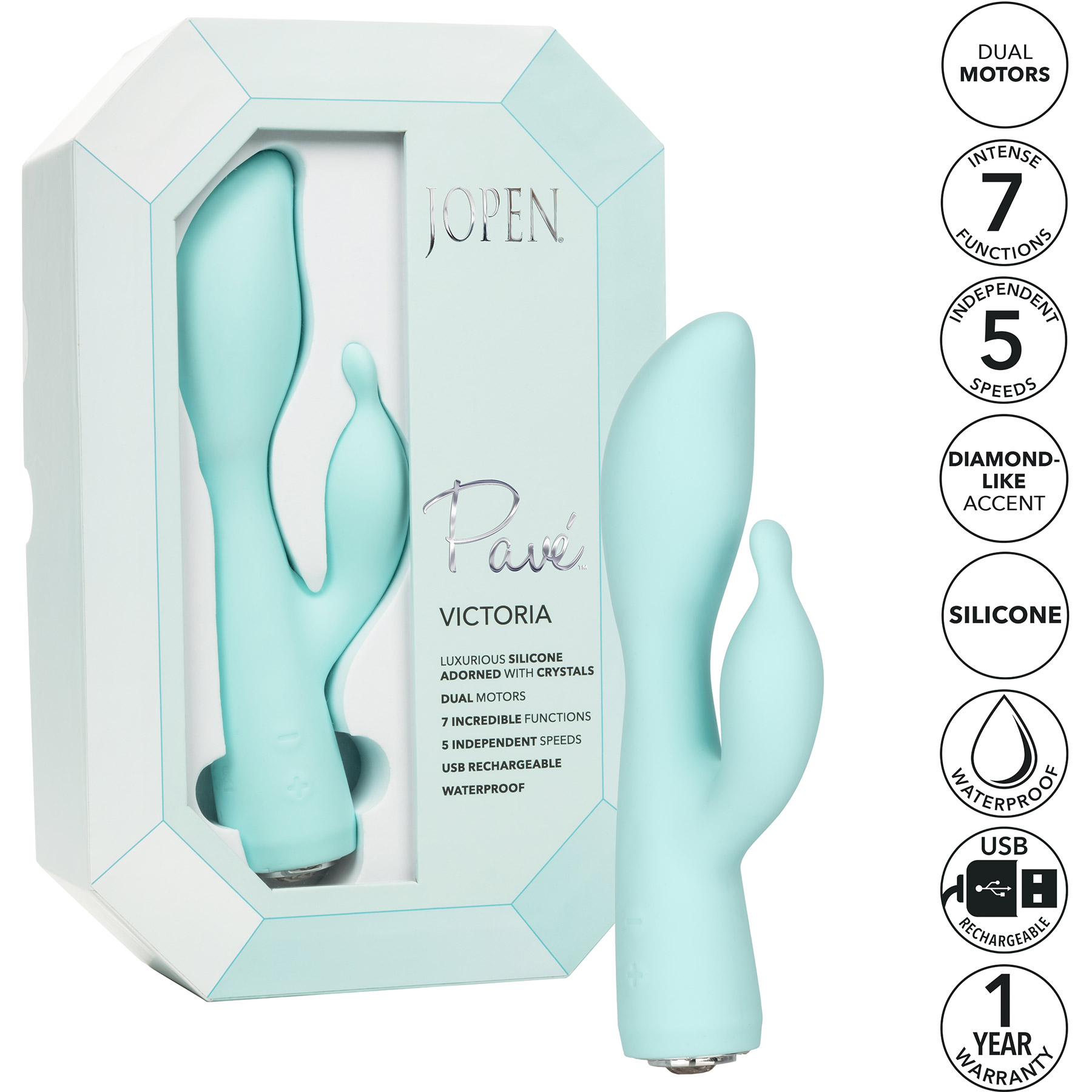 Pave Victoria Rechargeable Waterproof Silicone Rabbit Style Vibrator - Features