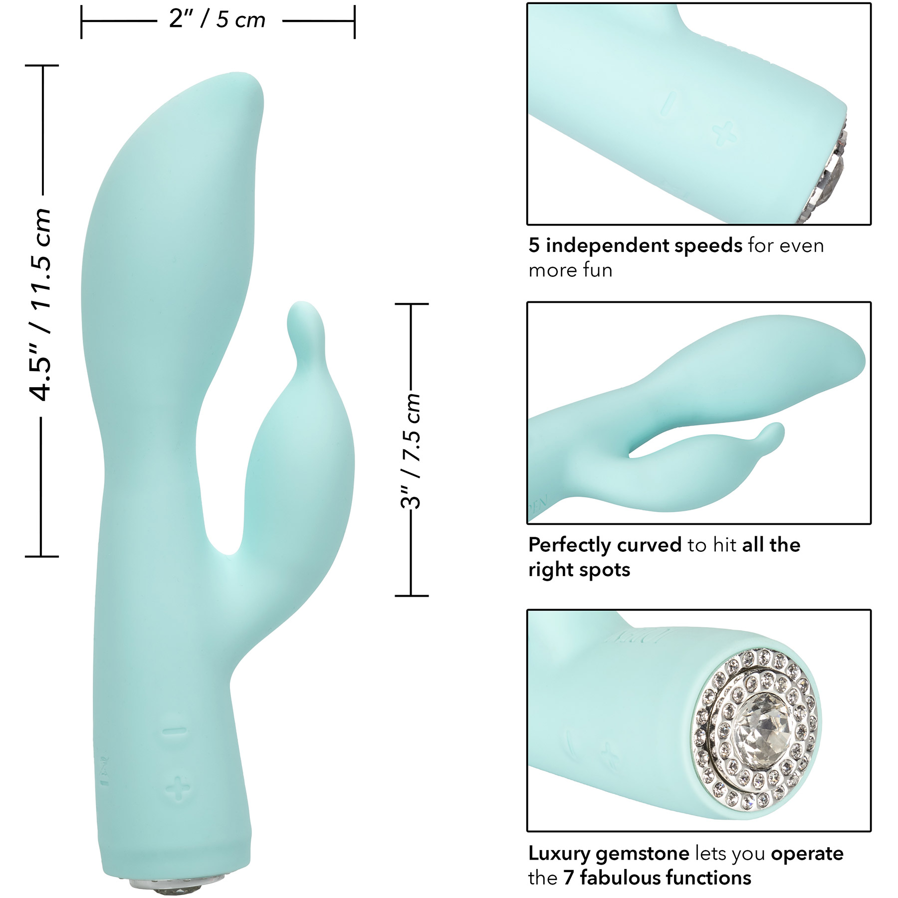 Pave Victoria Rechargeable Waterproof Silicone Rabbit Style Vibrator - Measurements