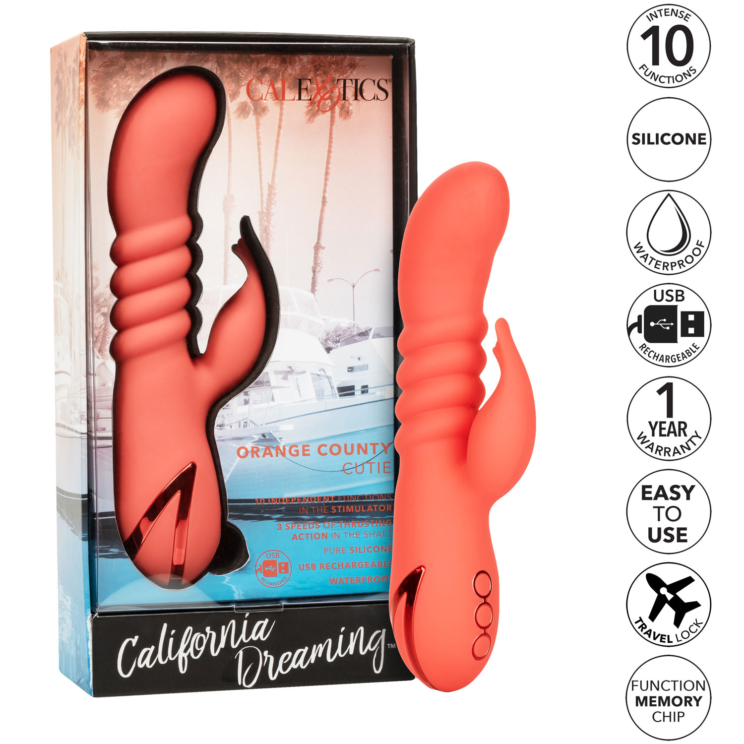 California Dreaming Orange County Cutie Rabbit Style Silicone Vibrator - Features