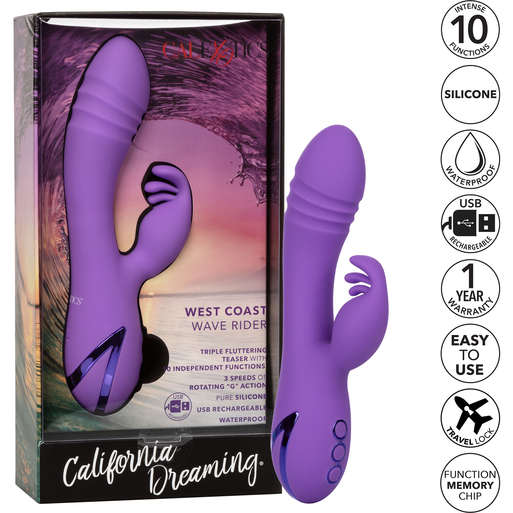 California Dreaming West Coast Wave Rider Rabbit Style Silicone Vibrator - Features