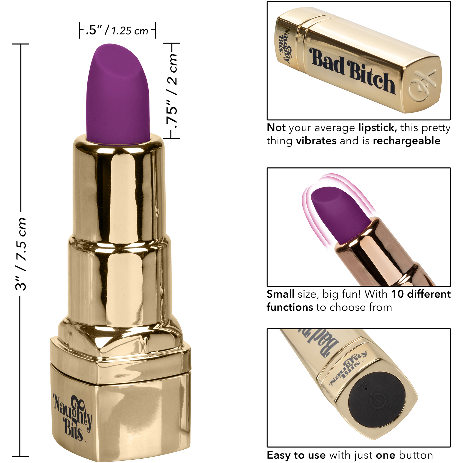 Naughty Bits Bad Bitch Waterproof Rechargeable Lipstick Vibrator - Measurements