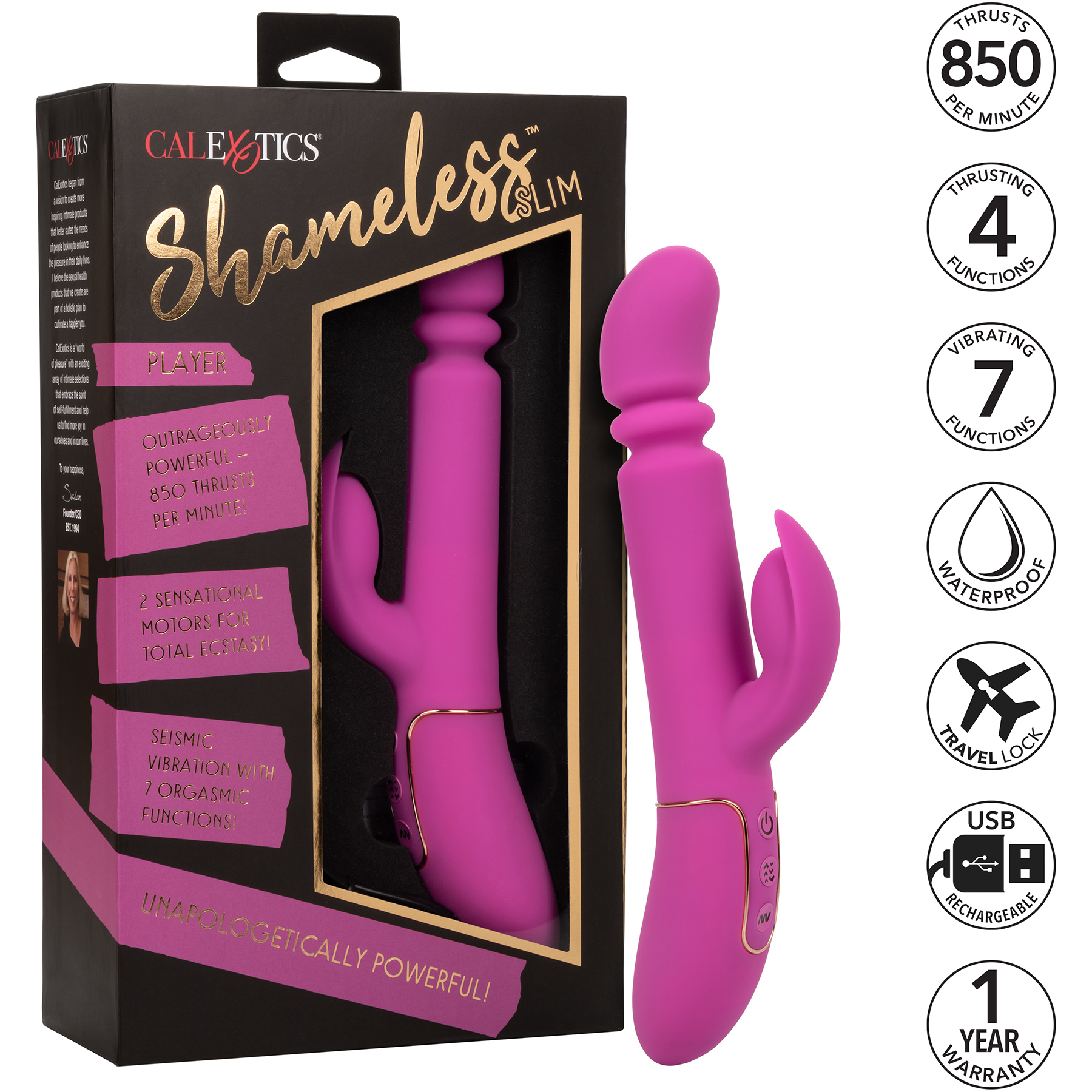 Shameless Slim Player Powerful Silicone Waterproof Rechargeable Rabbit Thruster - Features