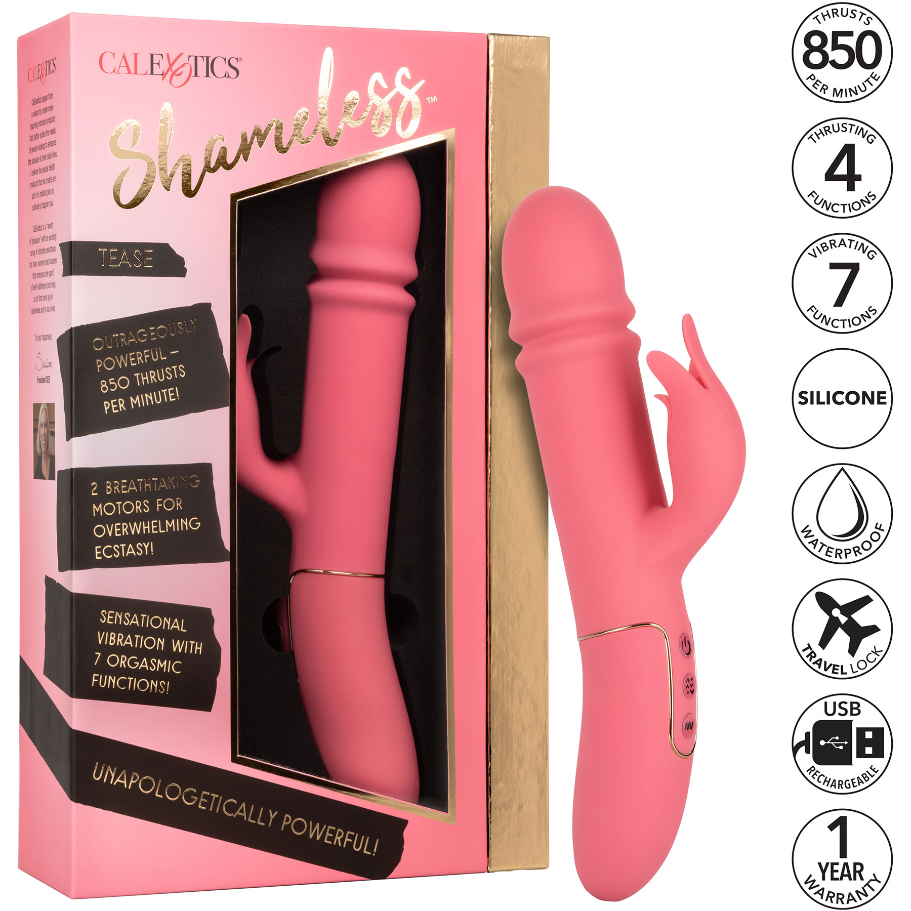 Shameless Tease Powerful Silicone Waterproof Rechargeable Rabbit Style Thrusting Vibrator - Features