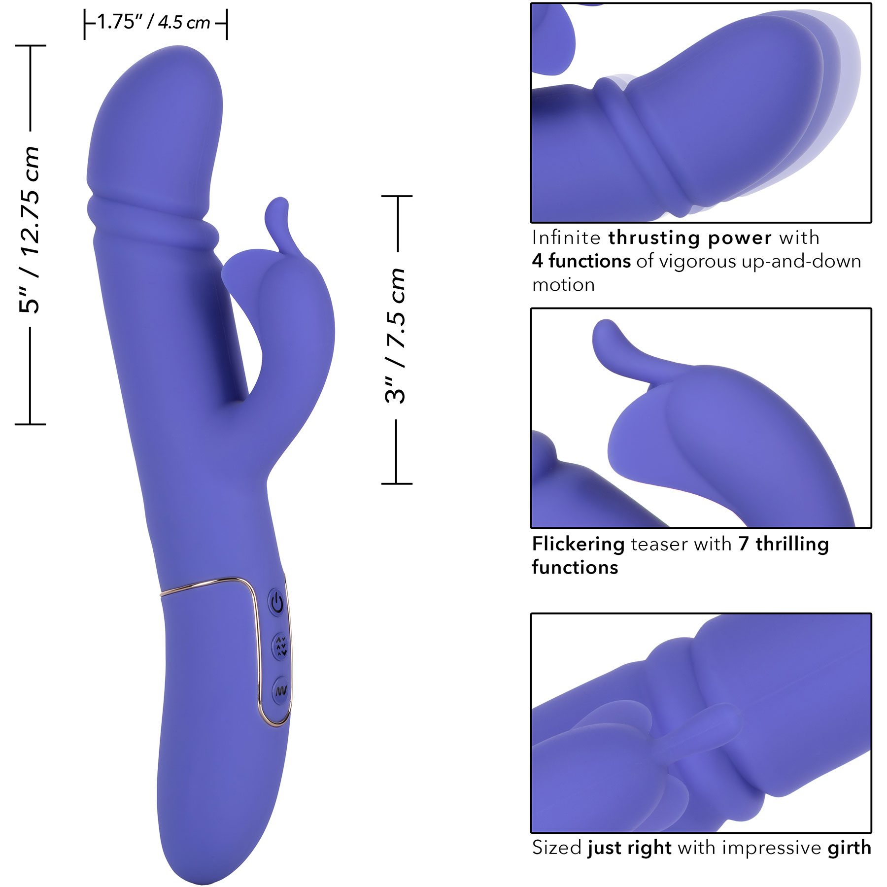 Shameless Tease Powerful Silicone Rechargeable Rabbit Style Thrusting G-Spot Vibrator - Measurements