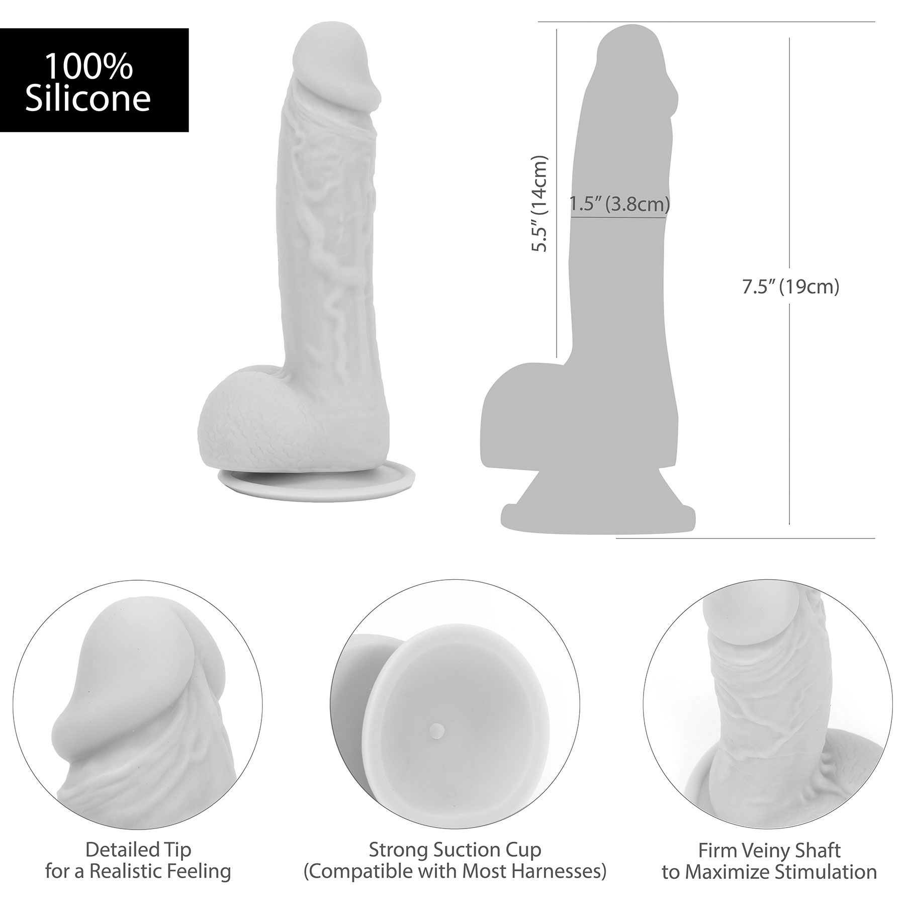 Addiction - Steven 7.5 Inch Silicone Suction Cup Dildo With Balls - Measurements