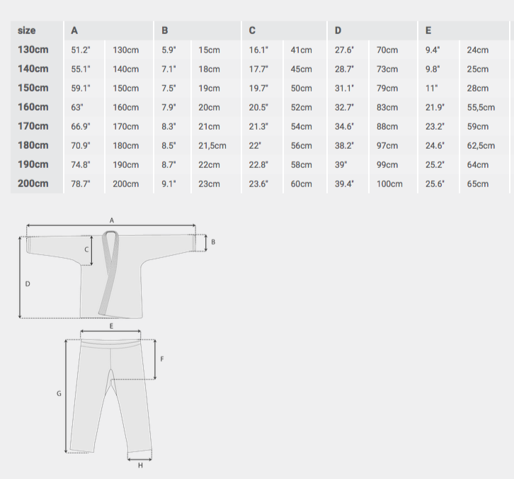 Judo Uniform Size Chart