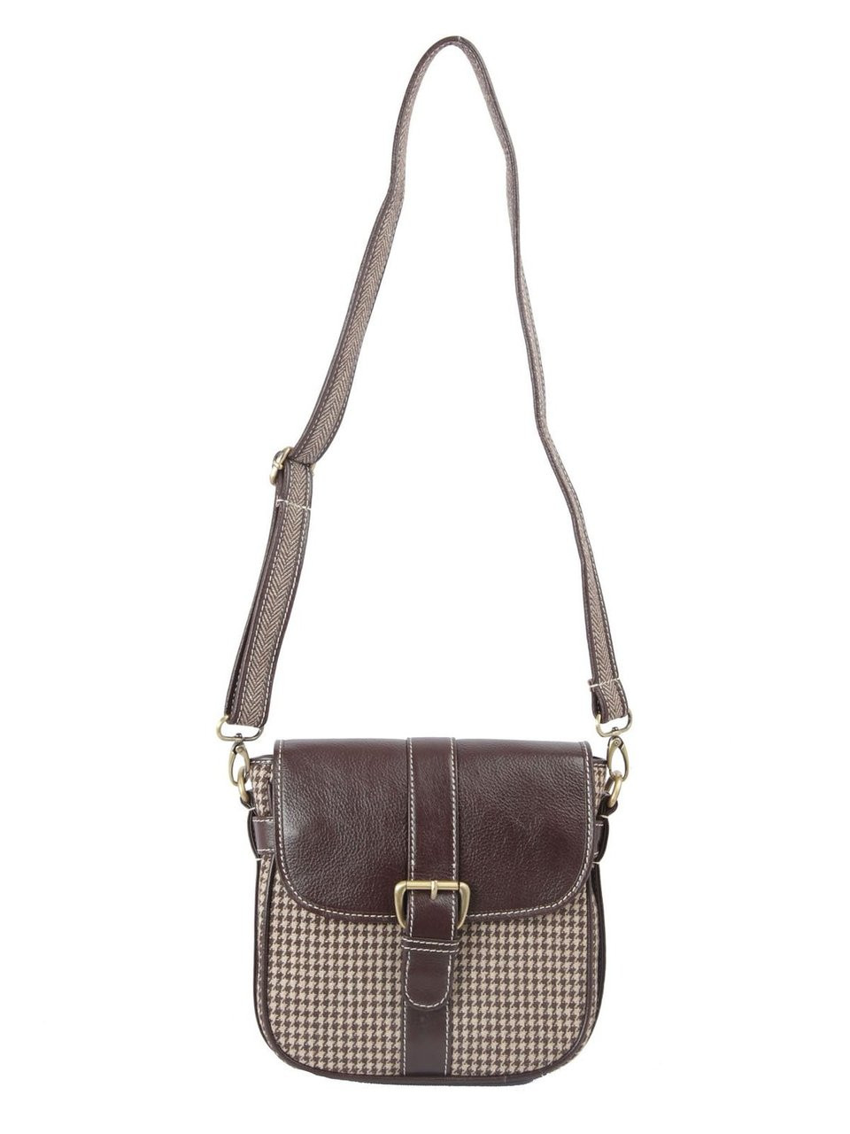 Ivory Tag Brown Leather & Houndstooth Crossbody Bag - In-Sattva