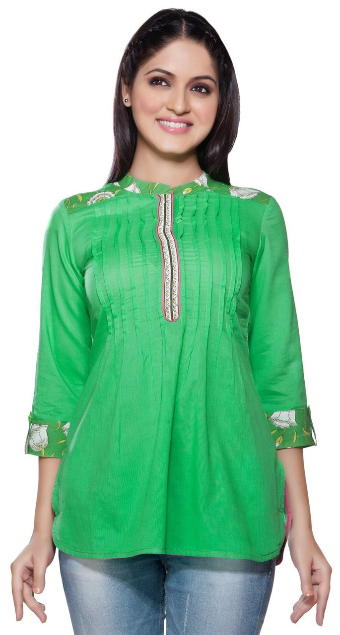 Women's Short Kurta Tunic - Bright Green with Front Pleats - In-Sattva