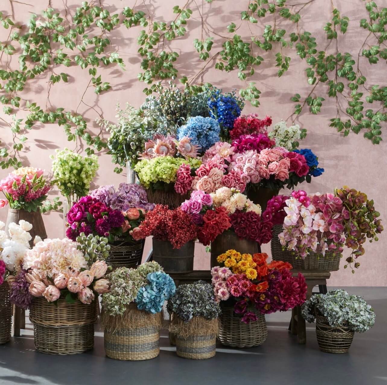 artificial flowers in baskets