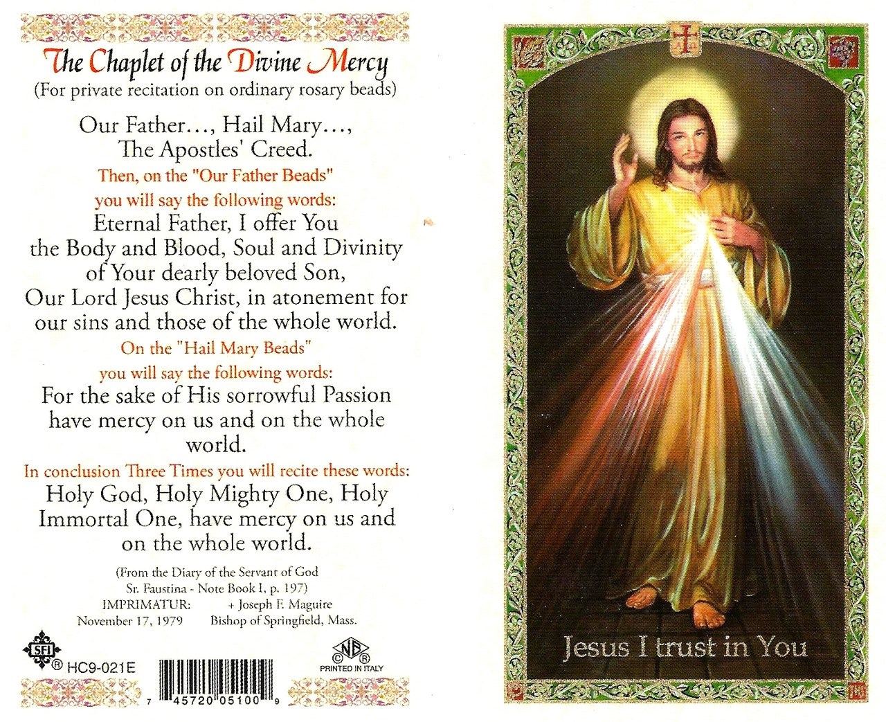 The Chaplet Of The Divine Mercy,Laminated Prayer Card