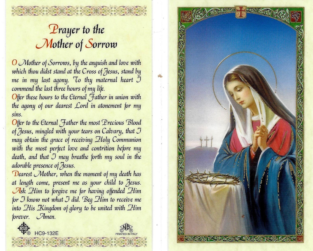 Prayer To The Mother Of Sorrow, Laminated Prayer Card