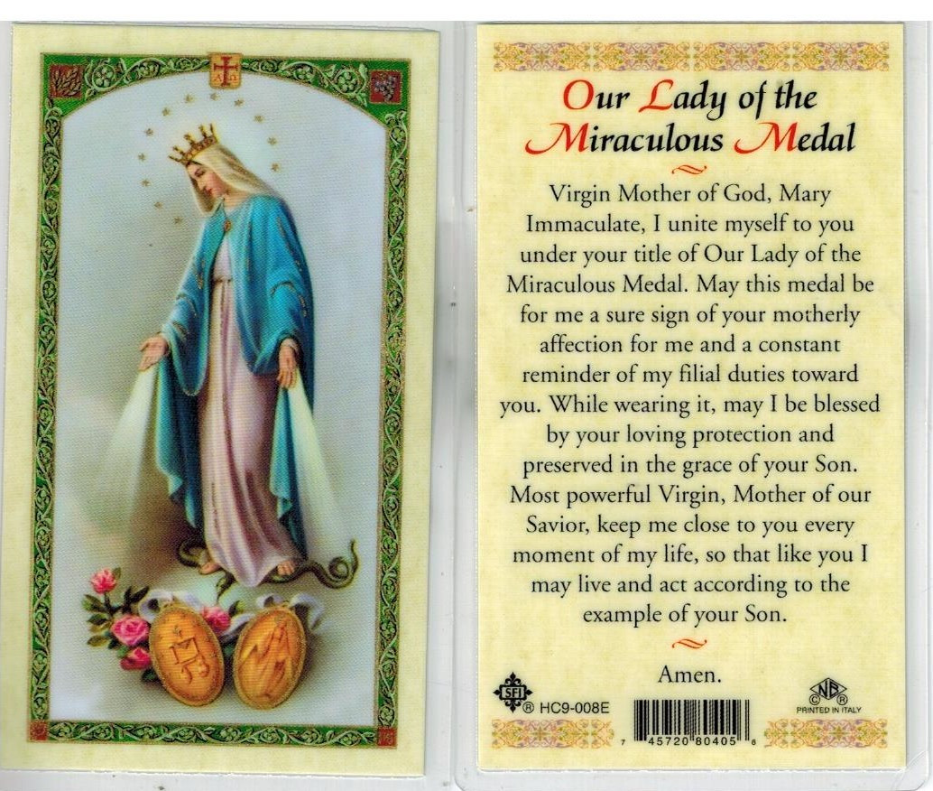 Laminated Prayer Card of Our Lady of the Miraculous Medal.