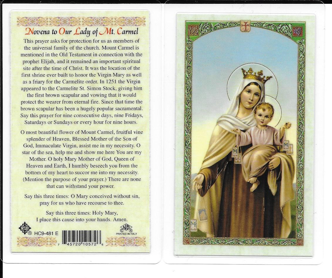 Laminated Prayer Card of Novena to Our Lady of Mt. Carmel.