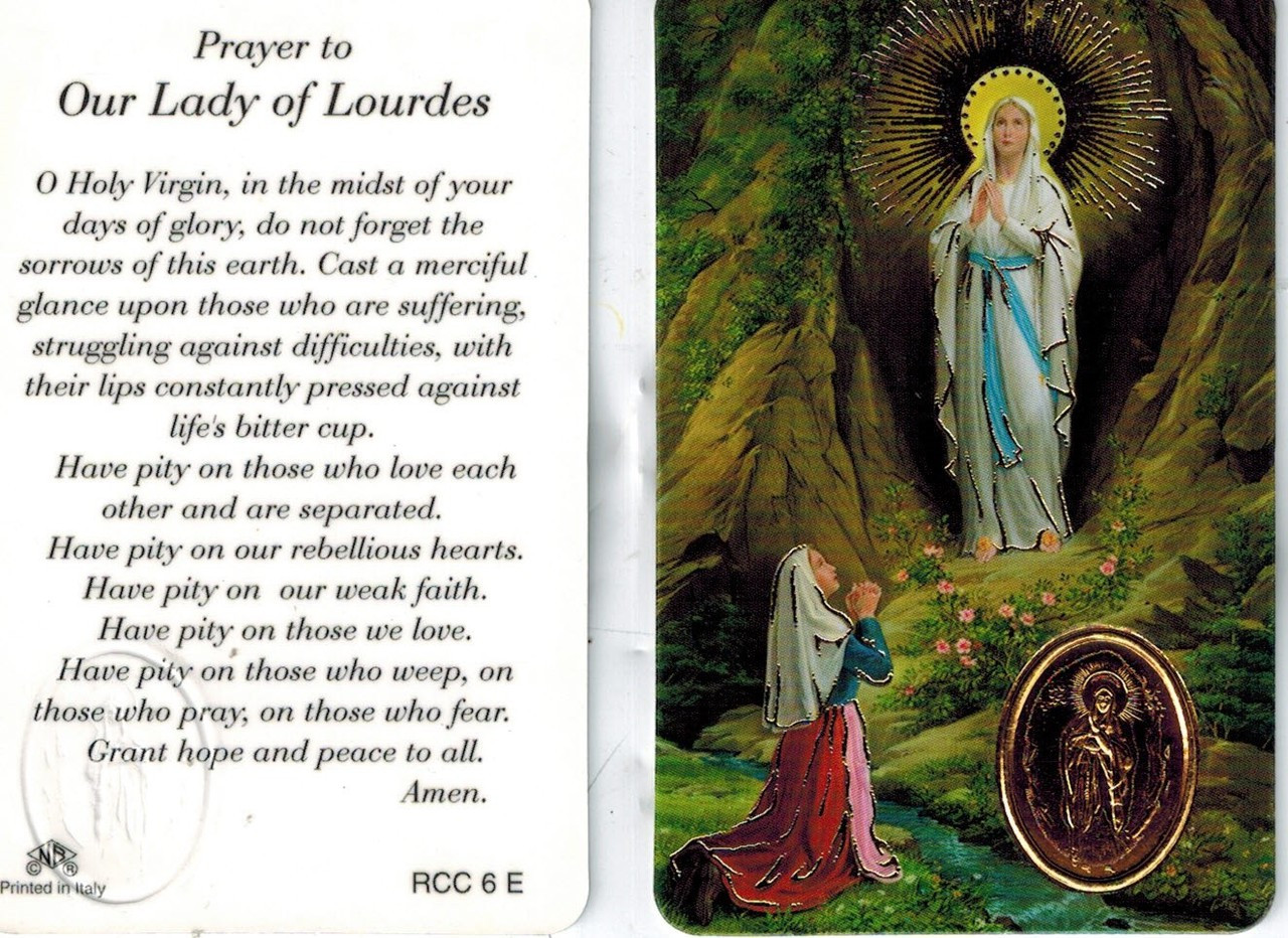 Prayer to Our Lady of Lourdes Prayer Card with Embedded Medal