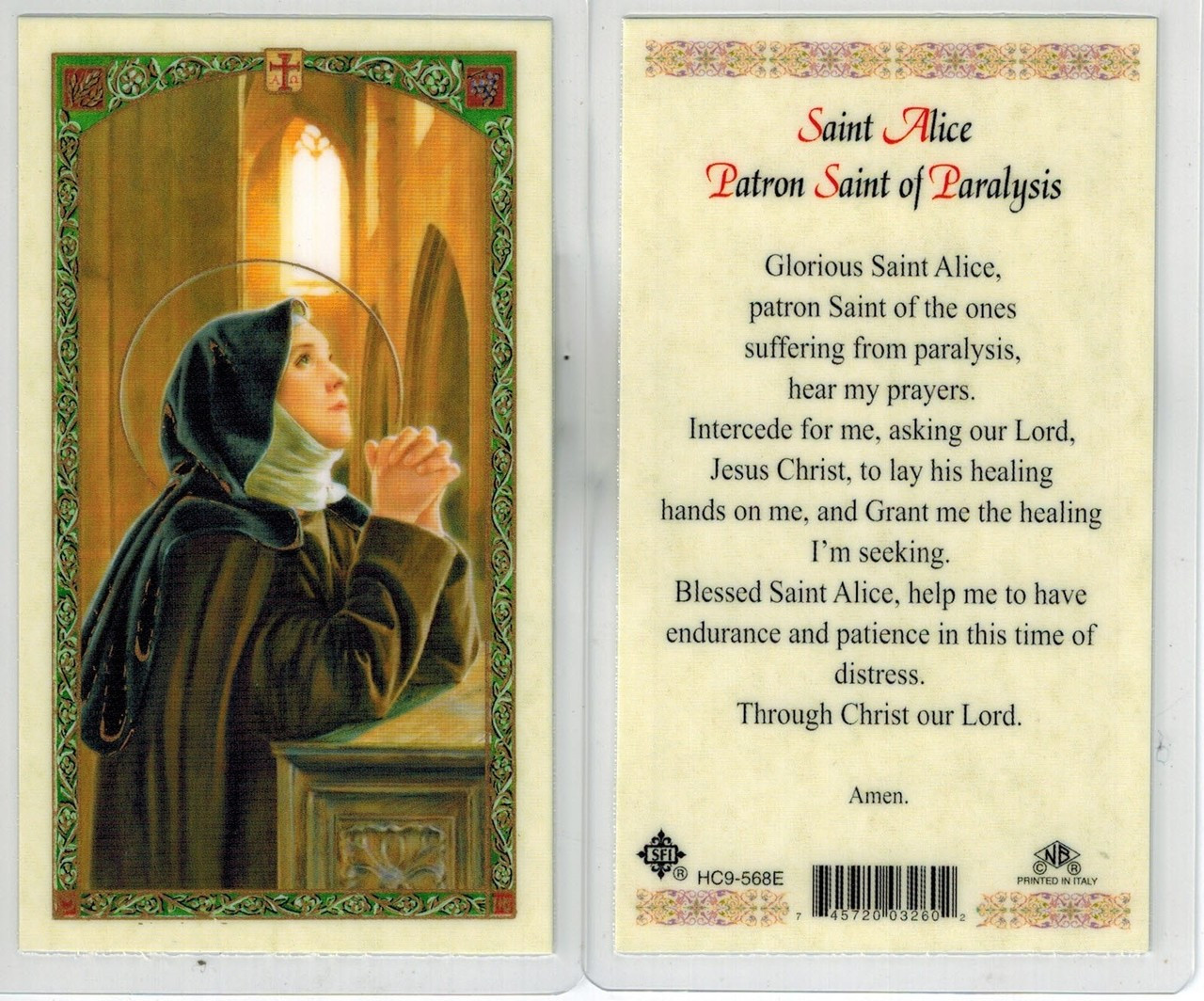 Prayer Card to Saint Alice, Patron Saint of Those Suffering from Paralysis
