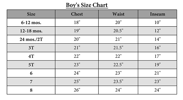 Boys Extra Small Size Chart
