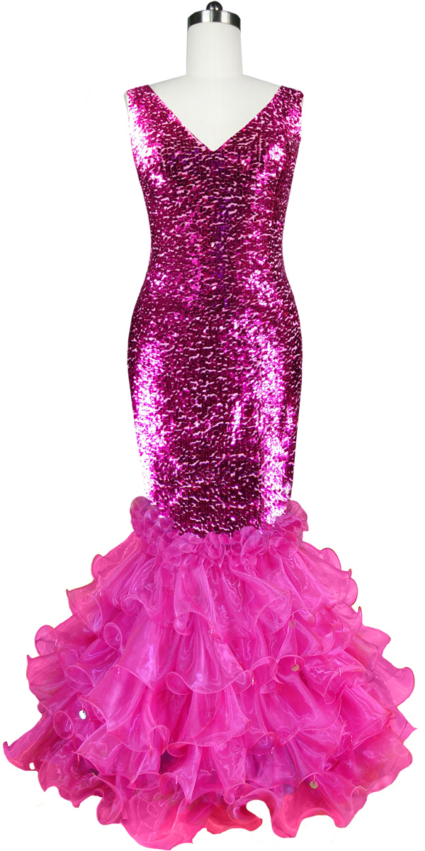 Long Dress | One-color | Metallic Fuchsia Sequin Spangles Fabric | Cowl Back | Fuchsia Organza