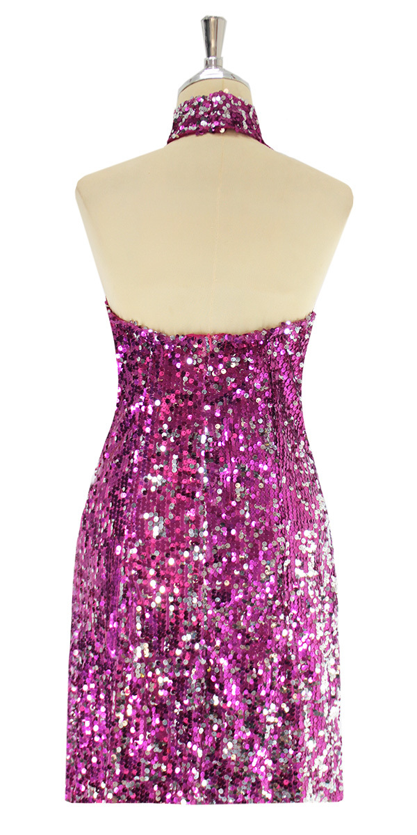 A short sequin fabric dress, in Duality fuchsia and silver sequins ...