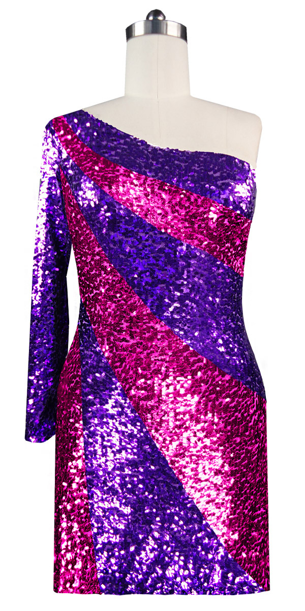 Short Dress | Patterned | One-sleeve Cut | Purple and Fuchsia | Sequin ...