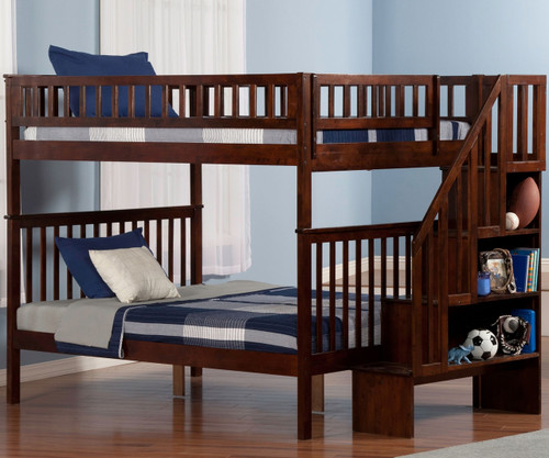 Solid Wood Full Over Full Bunk Beds Space-saving Full-Size Bunk Woodland Stair Bunk Bed Full over Full Antique Walnut | Atlantic Furniture | ATL-AB56804 - Solid Wood Full Over Full Bunk Beds Space-saving Full-Size Bunk
