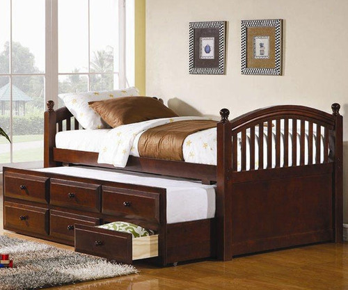 coaster cherry finish trundle captains bed for kids with storage