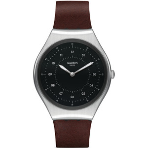 swatch skin irony skinbrushed unisex quartz black dial leather