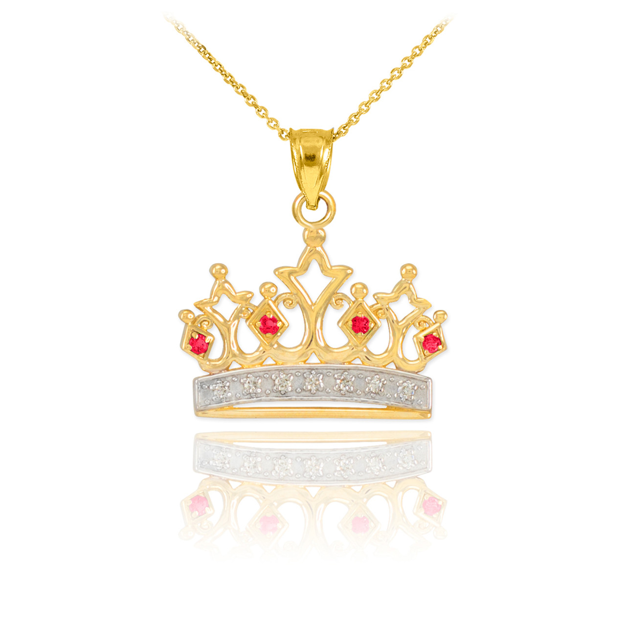 Gold Ruby Crown Pendant Necklace with Diamonds