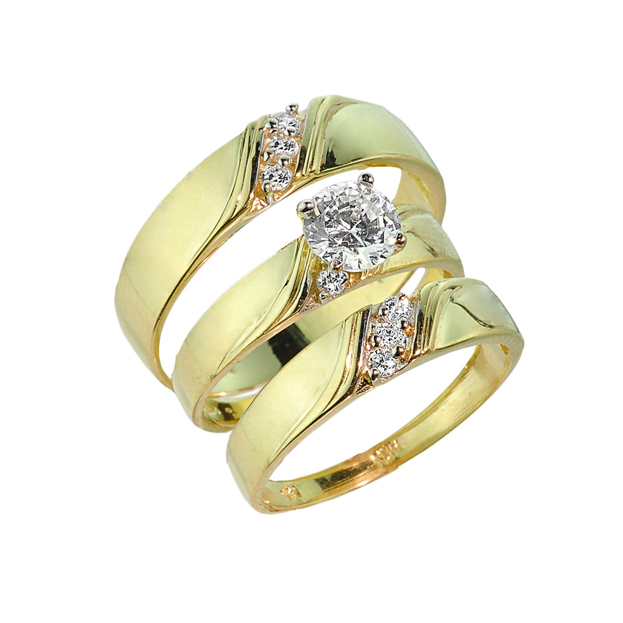 3 Piece Gold  CZ Wedding  Ring  Set Engagement  Ring  