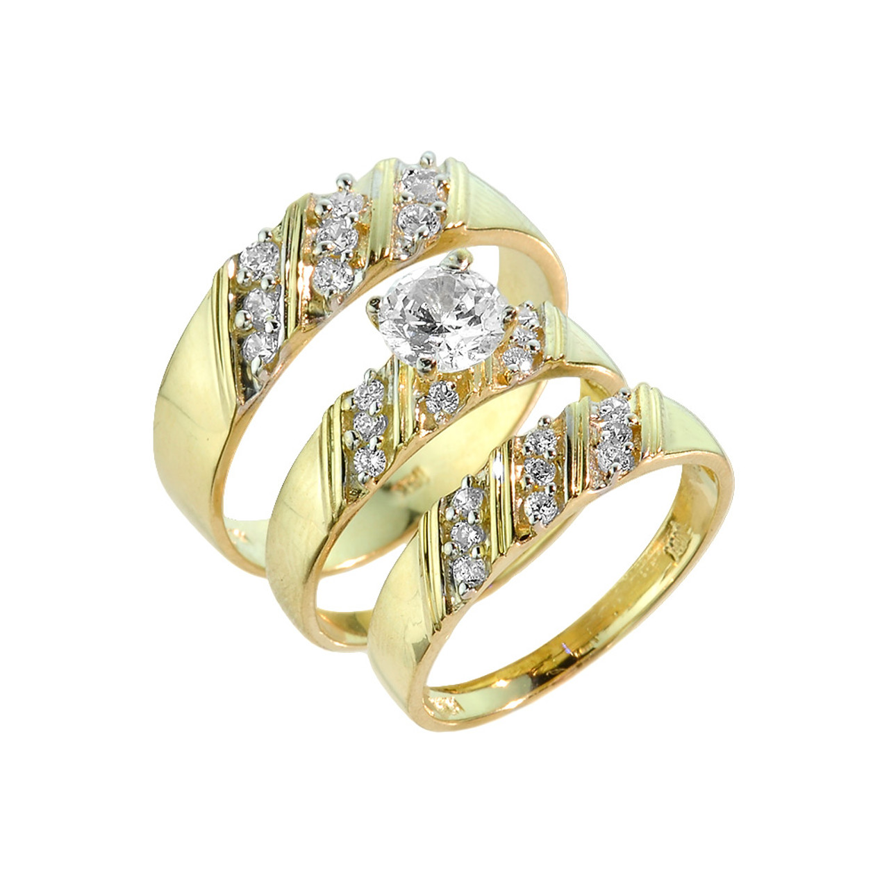 Gold CZ 3  Piece  Wedding  Ring  Set 