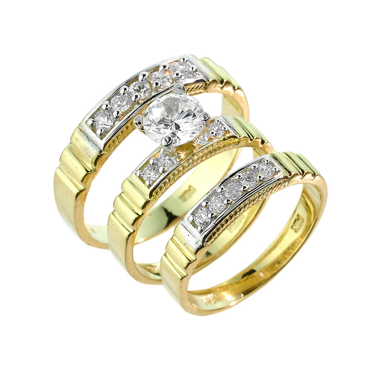 Gold CZ Wedding  Ring  Set  3  Piece  
