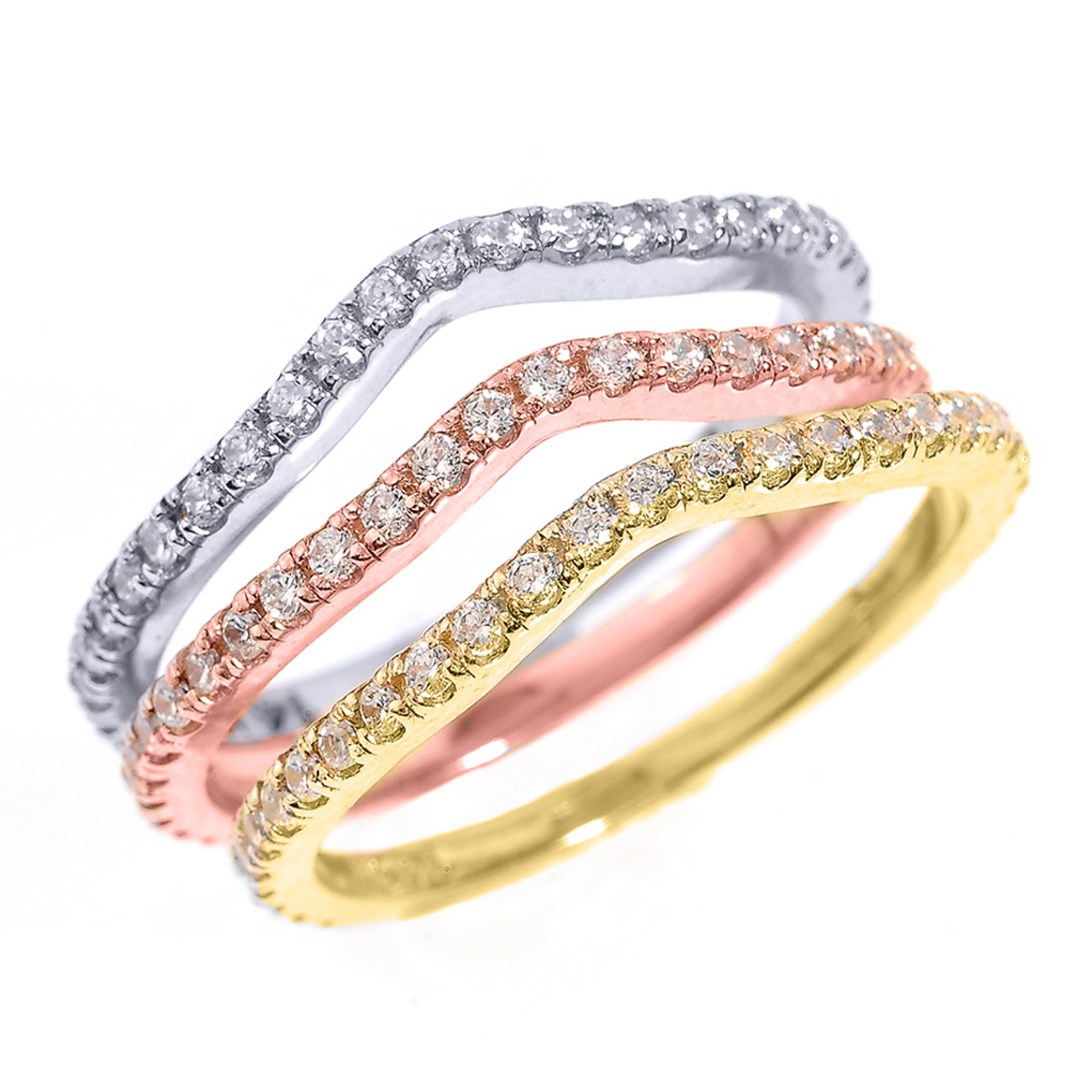 14k tri color gold chevron diamond stackable 3 piece wedding ring set - Three Piece Wedding Ring Sets 14k tri color gold chevron diamond stackable 3 piece wedding ring set - Three Piece Wedding Ring Sets