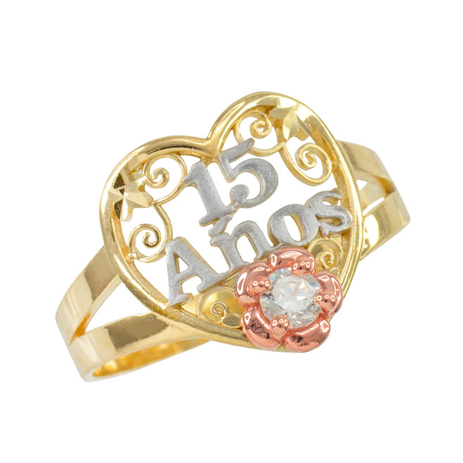TriTone Gold "15 Anos" Quinceanera CZ Ring with Elephants