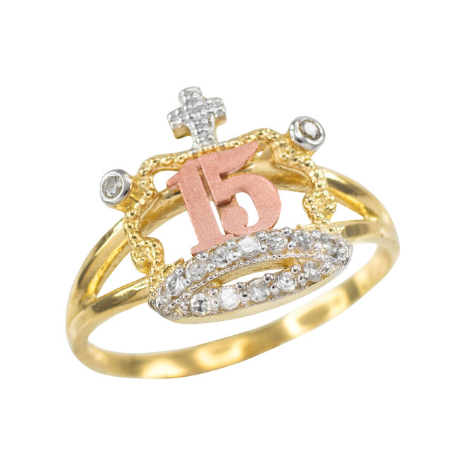 TriTone Gold "15 Anos" Quinceanera CZ Ring with Elephants