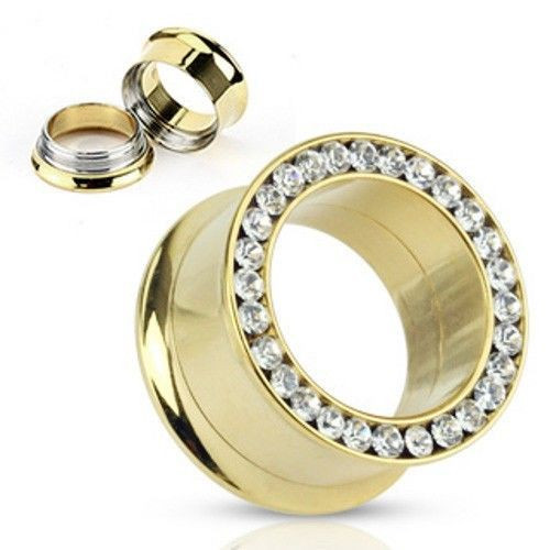 CZ Gold Internal Thread Stainless Steel Ear Gauges (Pair) So Scene